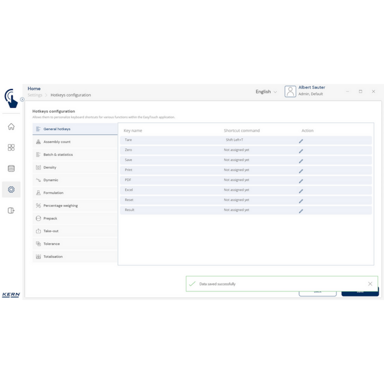 KERN EasyTouch SET-411 Hotkeys