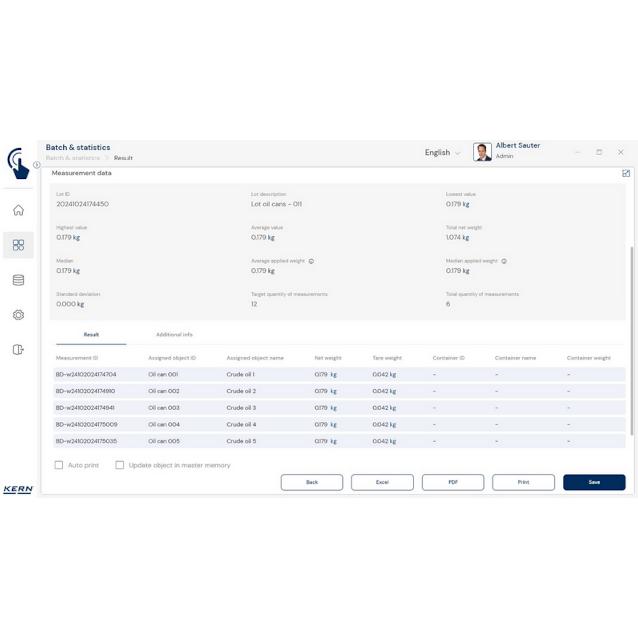 KERN EasyTouch SET-16 Batch and Statistics