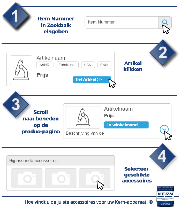 Stapsgewijze handleiding om geschikte accessoires te vinden: itemnummer invoeren in de zoekbalk, artikel selecteren, naar beneden scrollen op de productpagina en passende accessoires kiezen.